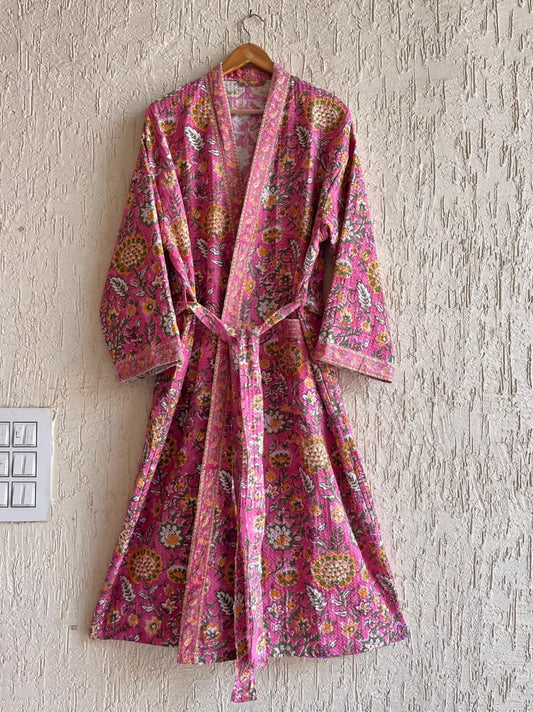 Gulabi Pichwai Hand Block Printed Waffle Cotton Bathrobe – Cotton Spa Robe | Gulpankh Canada