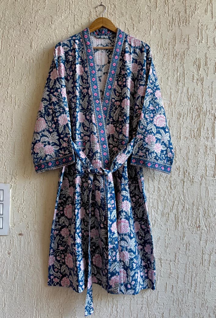 Neel Kamal Hand Block Printed Waffle Cotton Bathrobe – Cotton Spa Robe | Gulpankh Canada