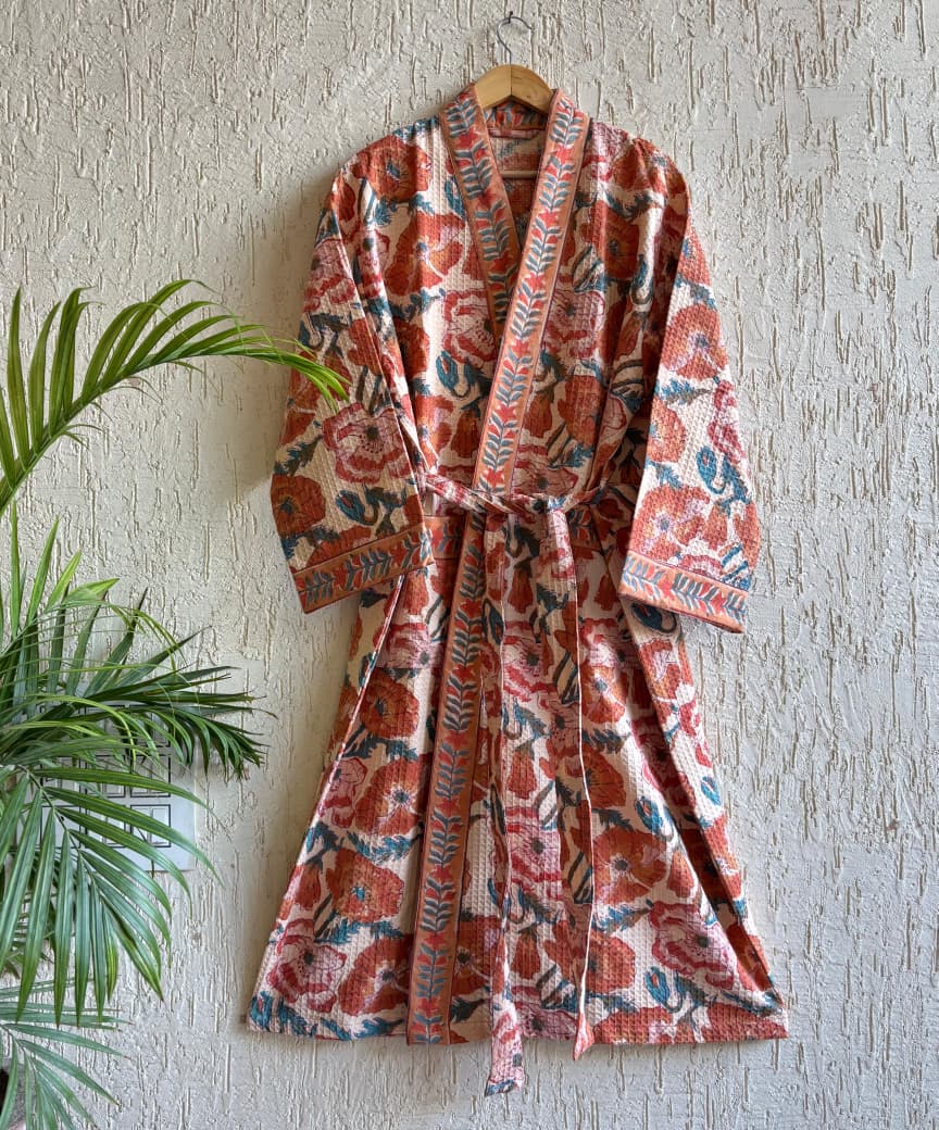 Terracotta Rose Hand Block Printed Waffle Cotton Bathrobe – Cotton Spa Robe | Gulpankh Canada