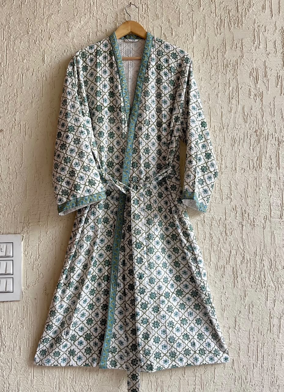 Green Buti Hand Block Printed Waffle Cotton Bathrobe – Cotton Spa Robe | Gulpankh Canada