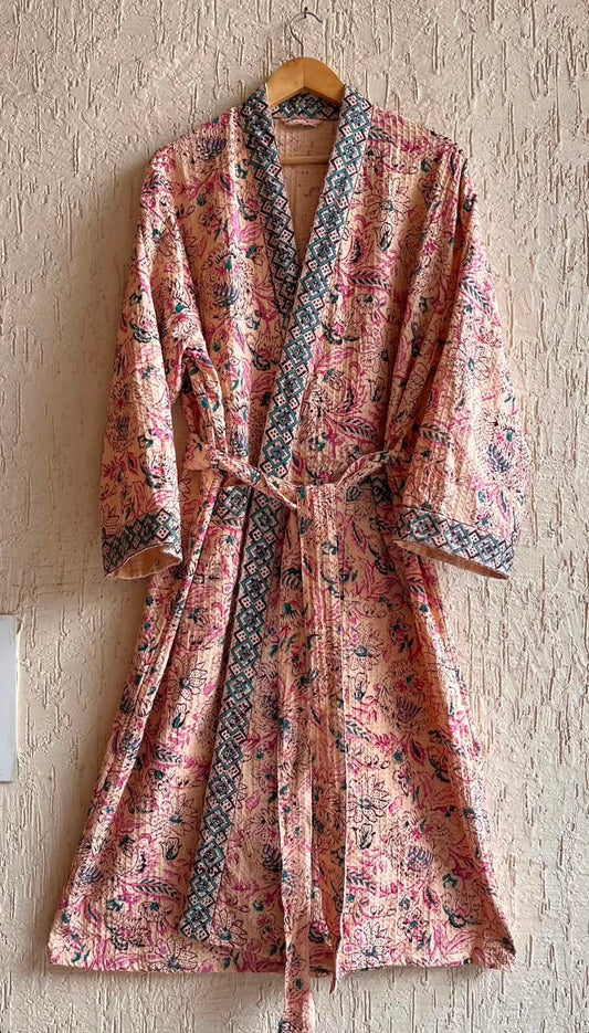Noor-e-Gul Hand Block Printed Waffle Cotton Bathrobe – Cotton Spa Robe | Gulpankh Canada