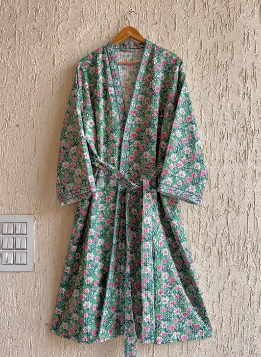 Indigo Vine Hand Block Printed Waffle Cotton Bathrobe – Cotton Spa Robe | Gulpankh Canada
