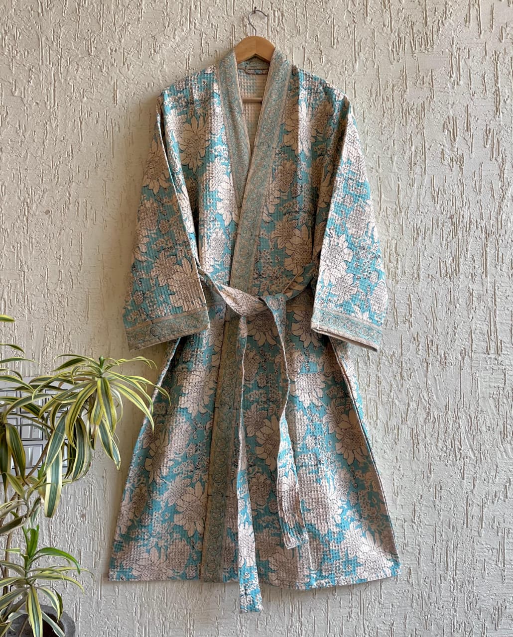 Neel Pichwai Hand Block Printed Waffle Cotton Bathrobe – Cotton Spa Robe | Gulpankh Canada