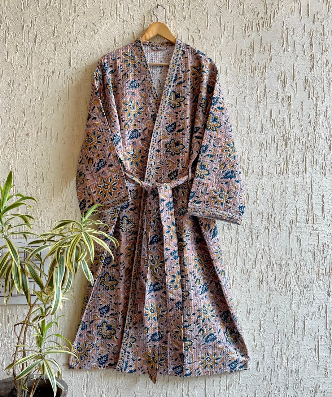 Red Indigo Bloom Hand Block Printed Waffle Cotton Bathrobe – Cotton Spa Robe | Gulpankh Canada