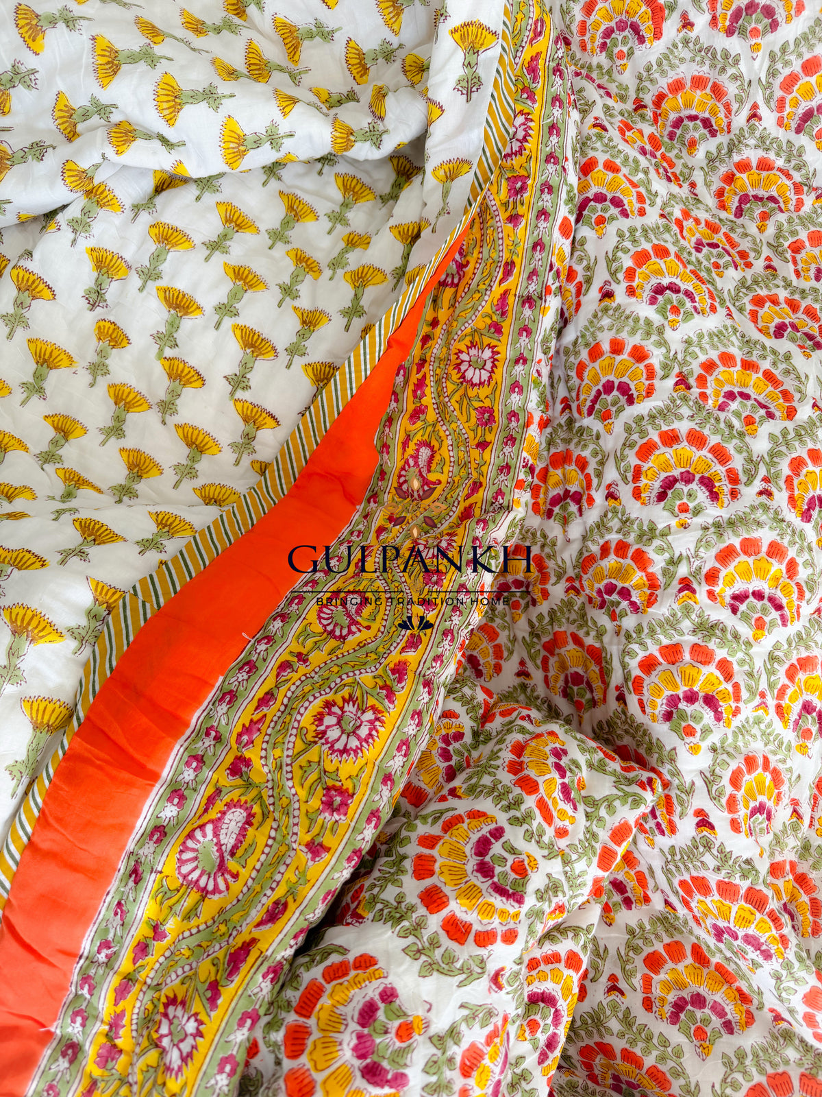 Hand Block Printed Reversible Cotton Quilt - Marigold Bloom | Gulpankh Canada