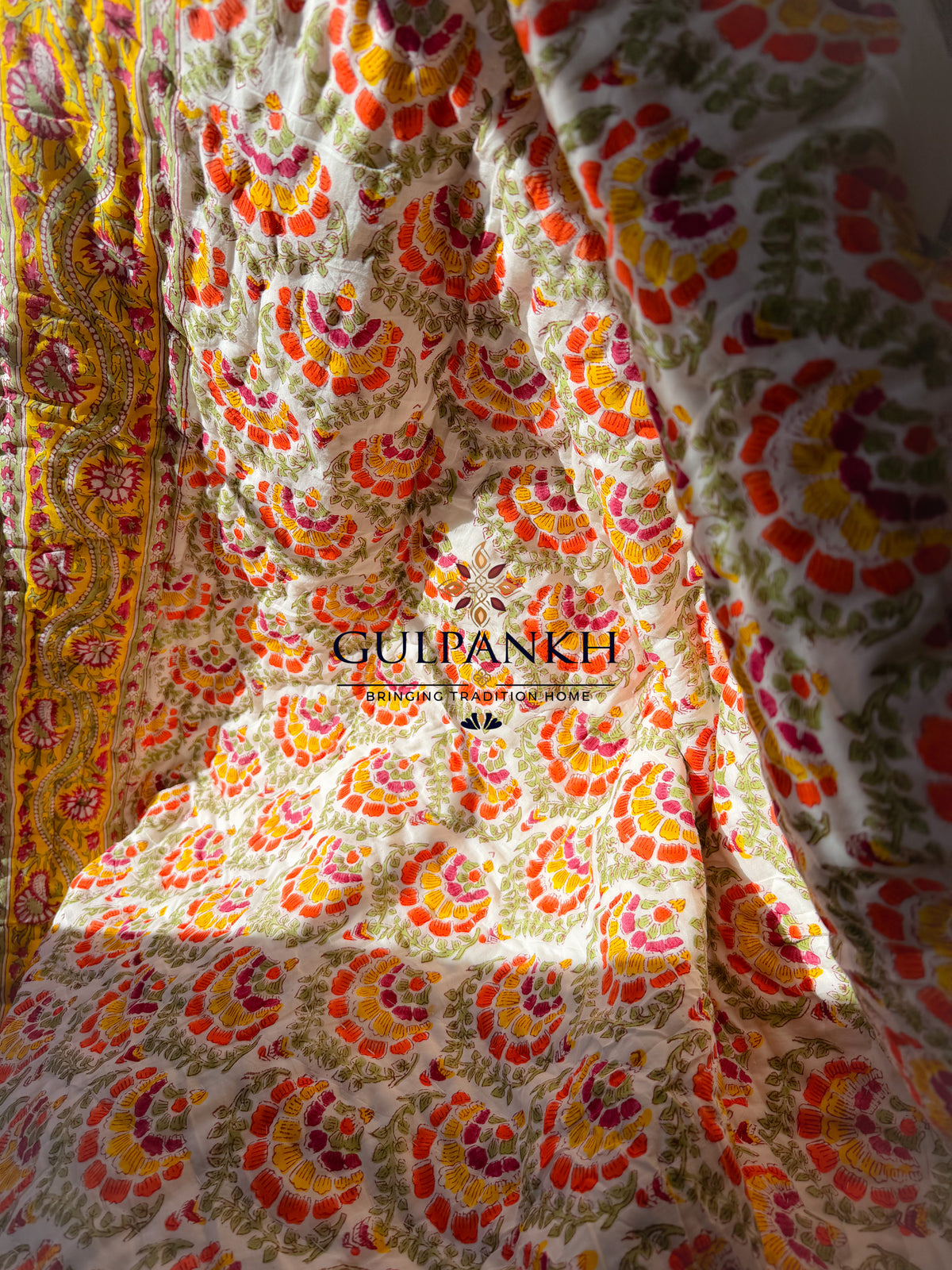 Hand Block Printed Reversible Cotton Quilt - Marigold Bloom | Gulpankh Canada