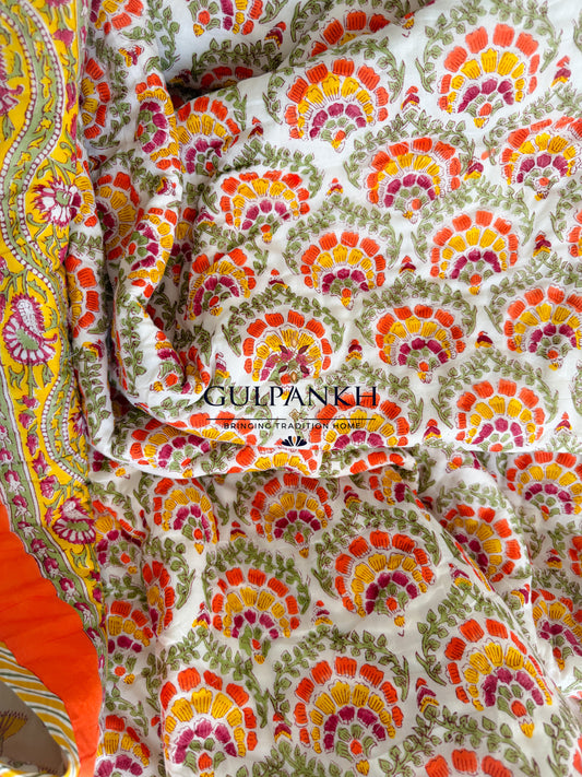 Hand Block Printed Reversible Cotton Quilt - Marigold Bloom | Gulpankh Canada