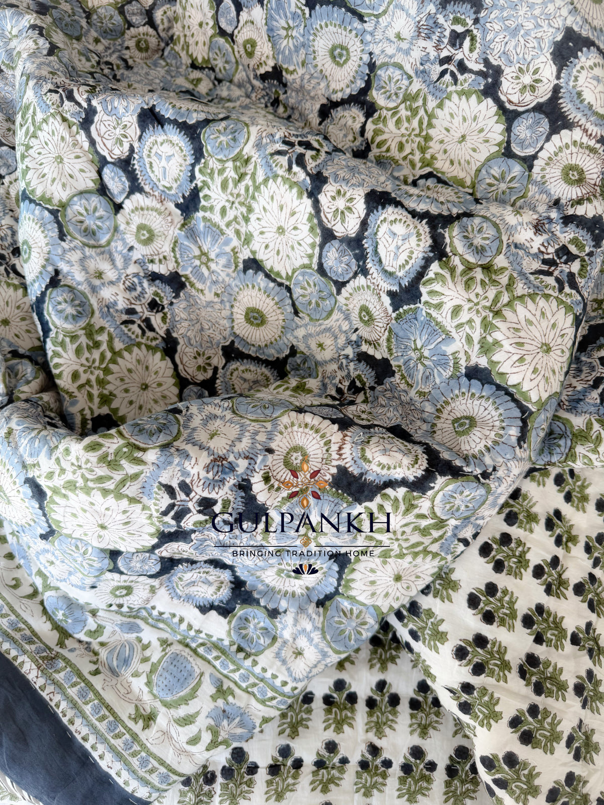 Hand Block Printed Cotton Quilt - Midnight Wildflower Meadow | Gulpankh Canada