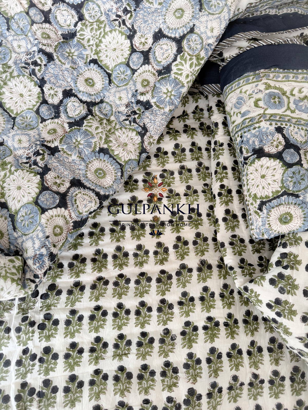 Hand Block Printed Cotton Quilt - Midnight Wildflower Meadow | Gulpankh Canada