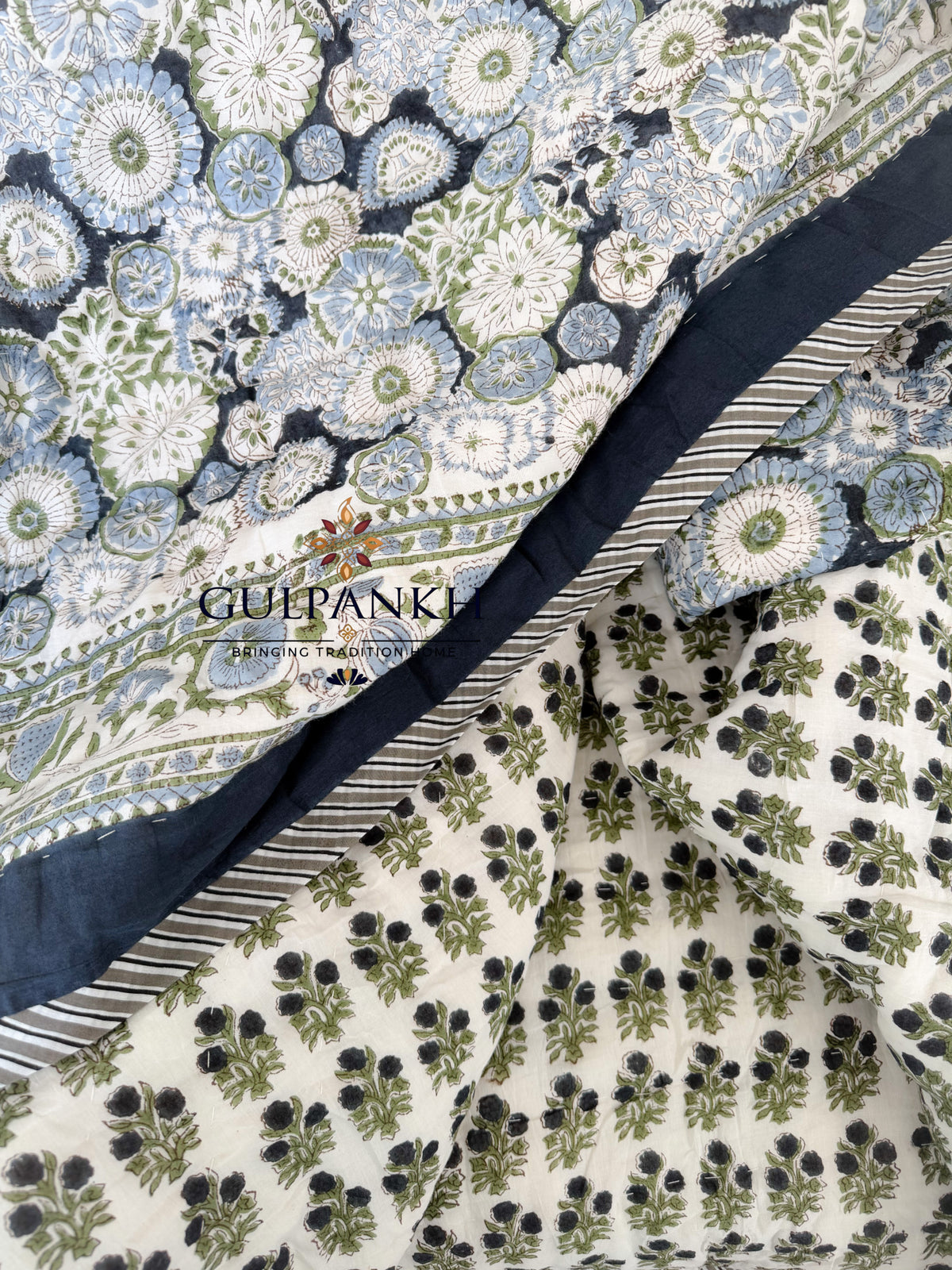 Hand Block Printed Cotton Quilt - Midnight Wildflower Meadow | Gulpankh Canada