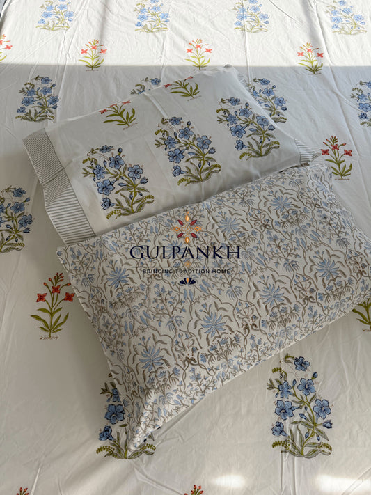Hand Block Printed 100% Cotton King Fitted Bedsheet - Neel Gulabi Botanica | Gulpankh Canada