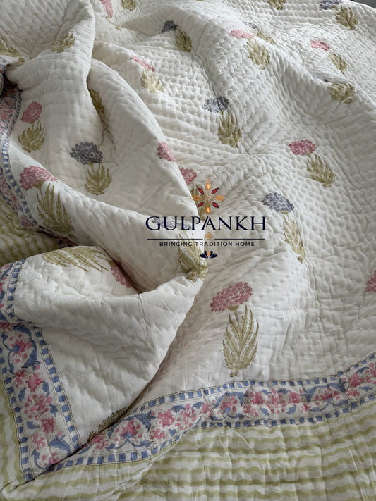 Pink Meadow Hand Block Printed Cotton Quilt | Gulpankh Canada