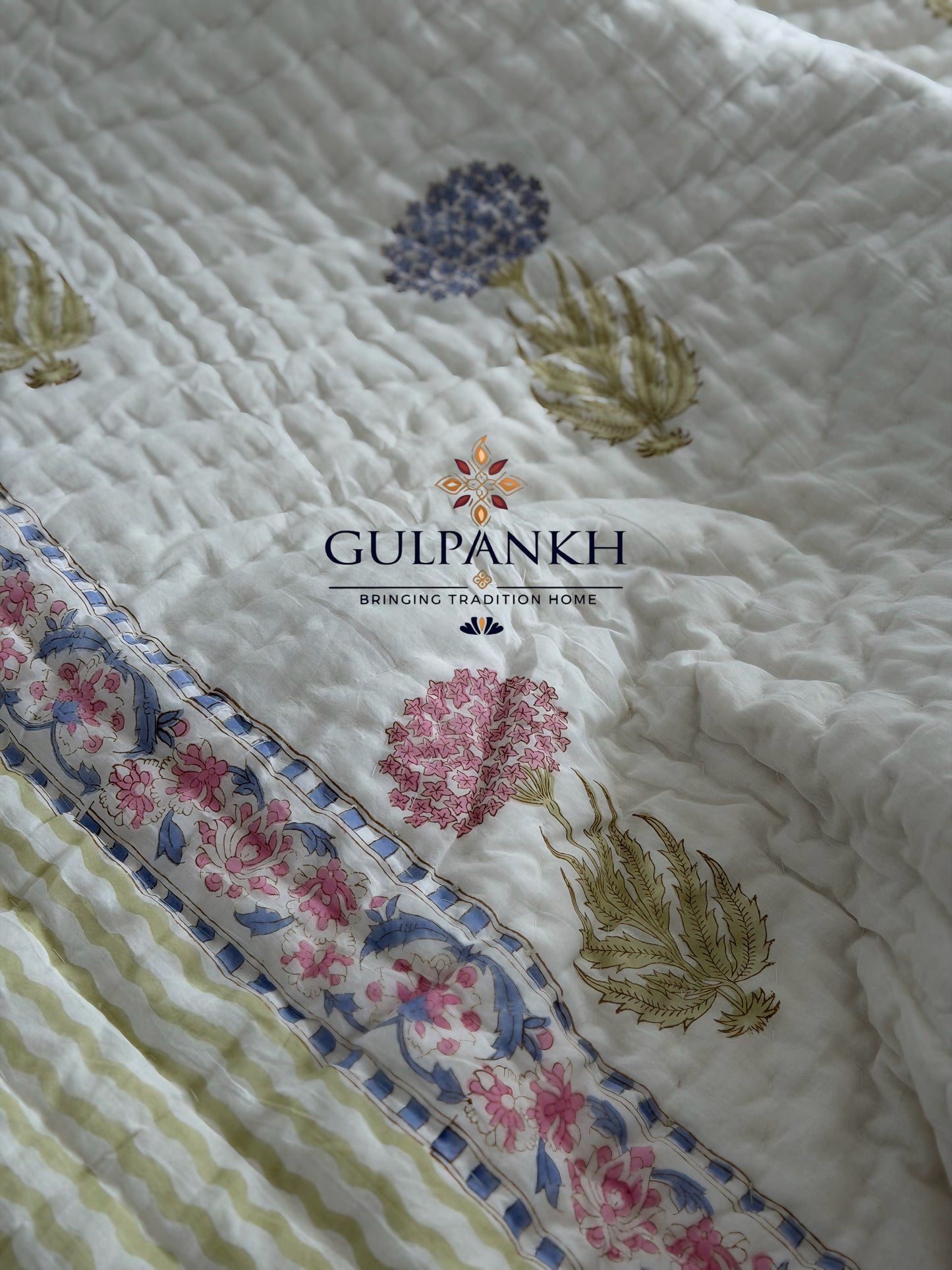 Pink Meadow Hand Block Printed Cotton Quilt | Gulpankh Canada