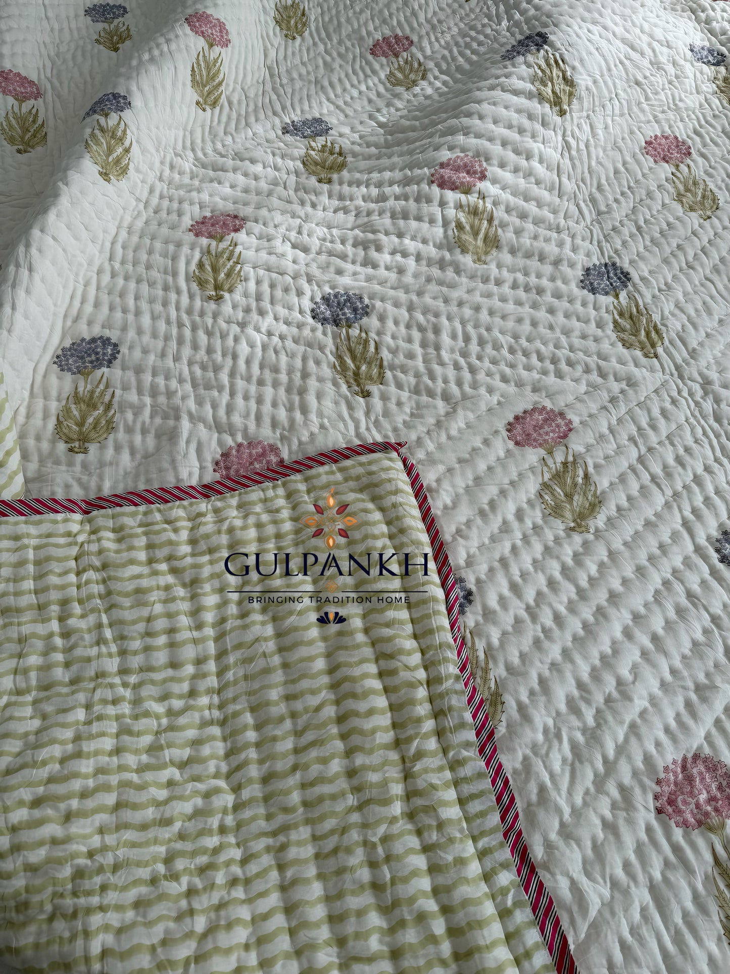 Pink Meadow Hand Block Printed Cotton Quilt | Gulpankh Canada