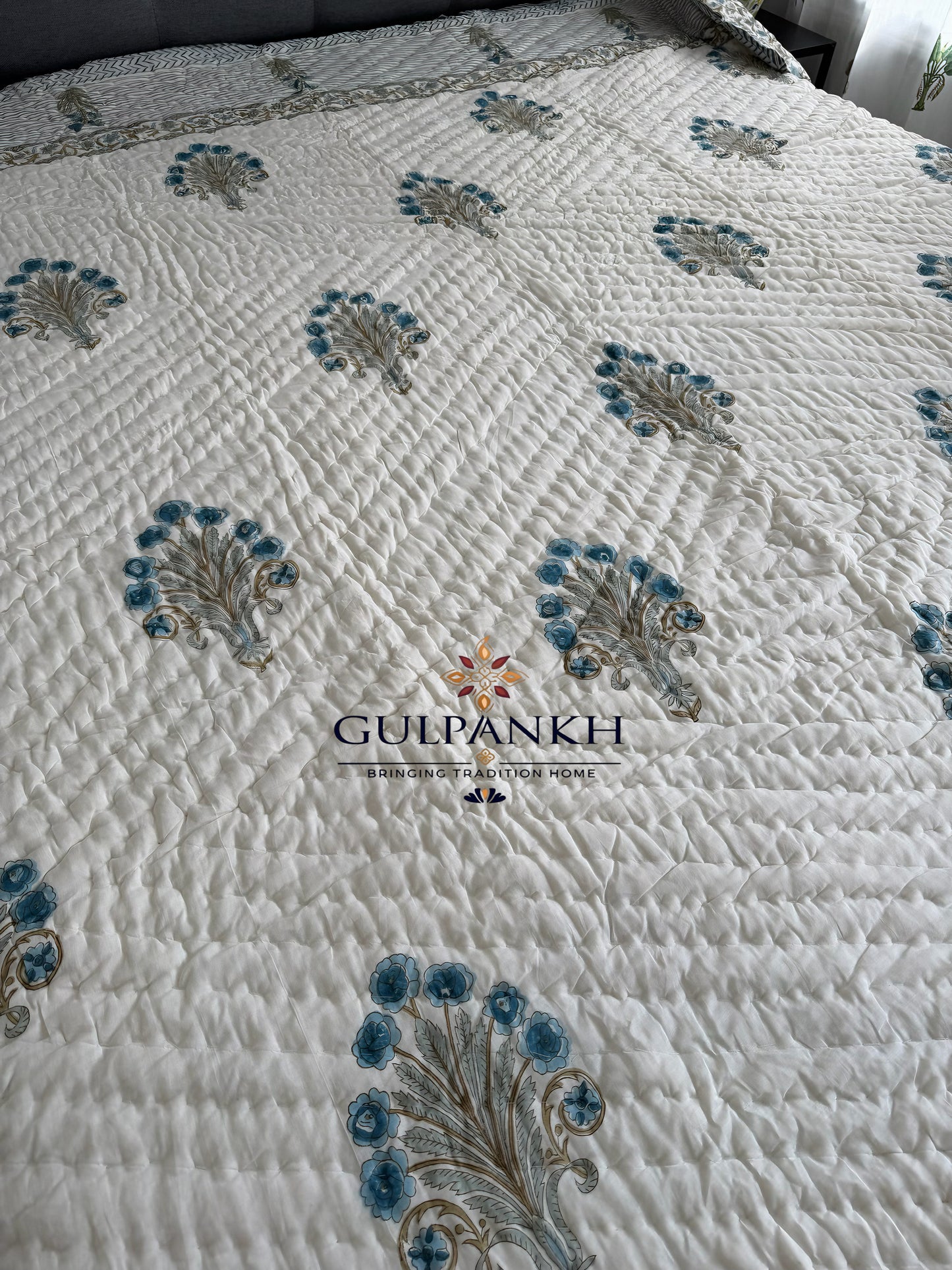 Blue Meadow Hand Block Printed Cotton Quilt | Gulpankh Canada