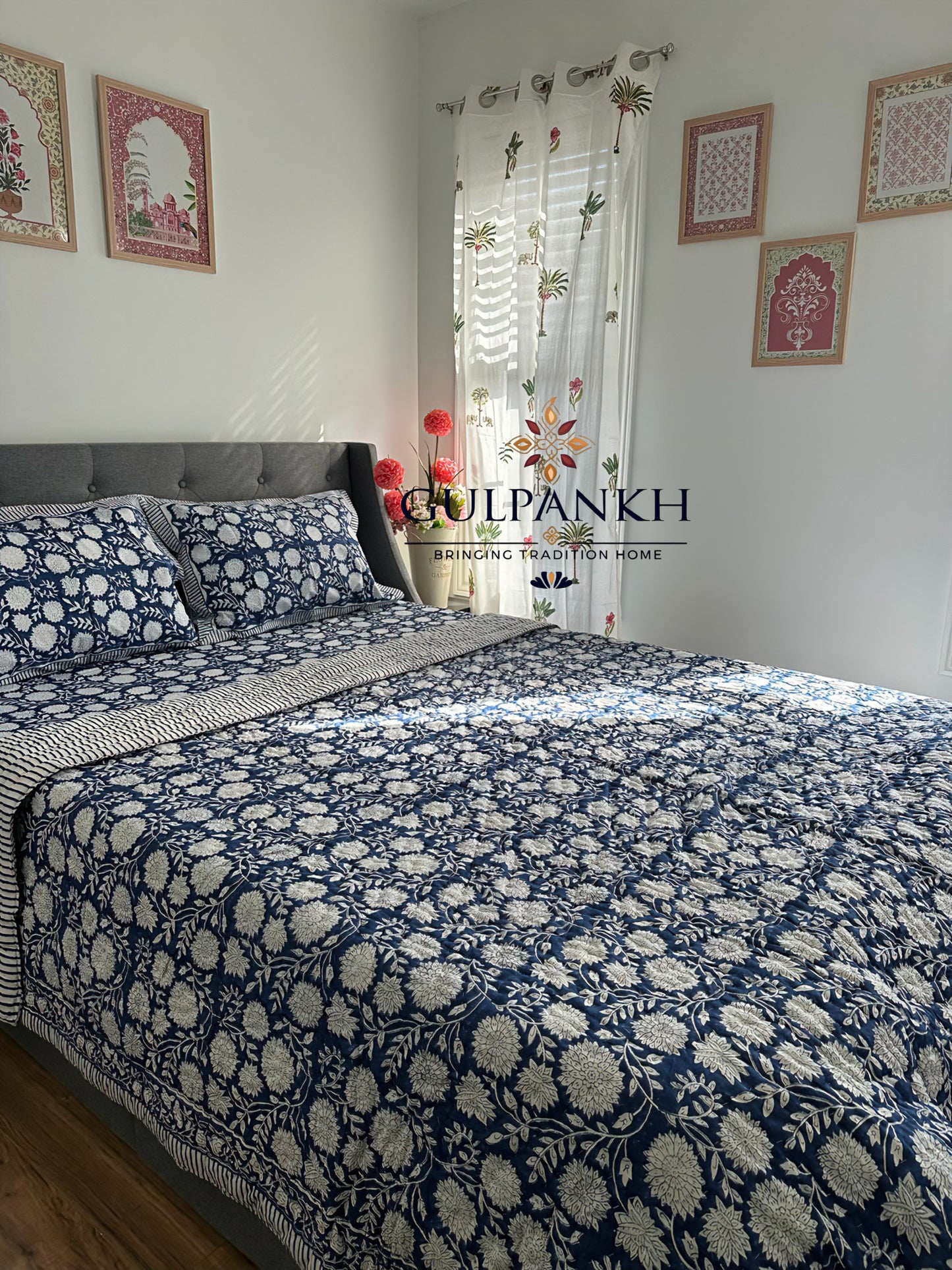 Indigo Garden Hand Block Printed Cotton Bedding Set with Quilt | Gulpankh Canada