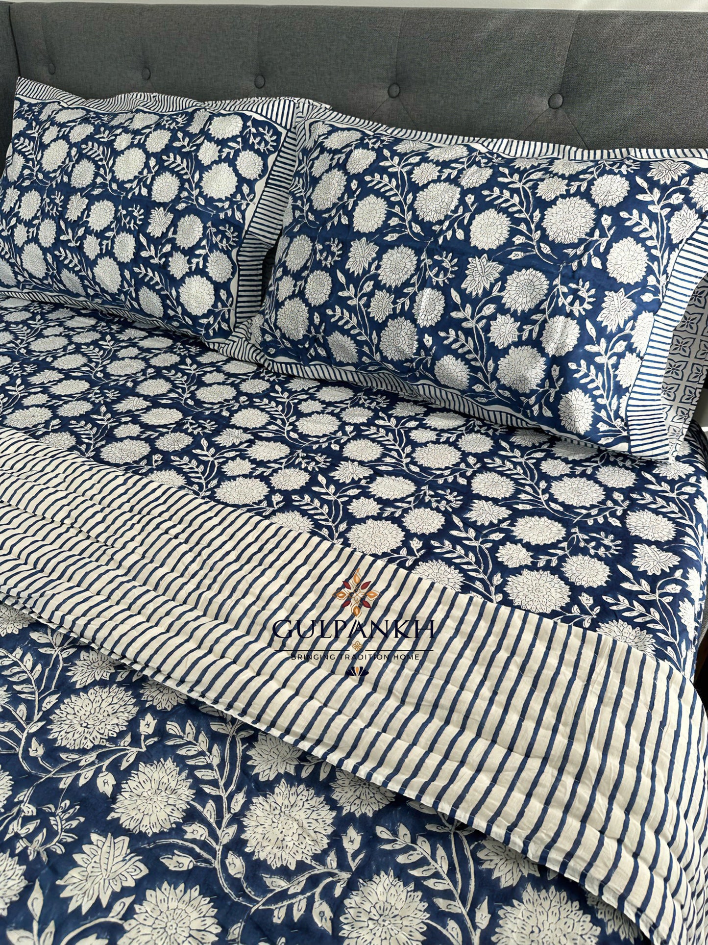 Indigo Garden Hand Block Printed Cotton Bedding Set with Quilt | Gulpankh Canada