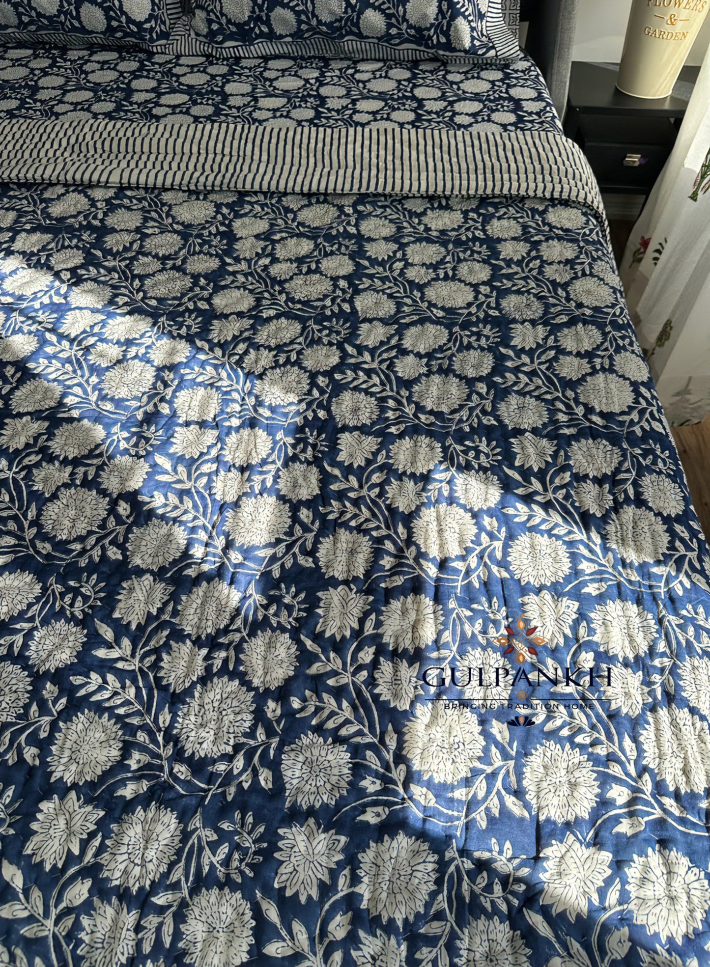 Indigo Garden Hand Block Printed Cotton Bedding Set with Quilt | Gulpankh Canada