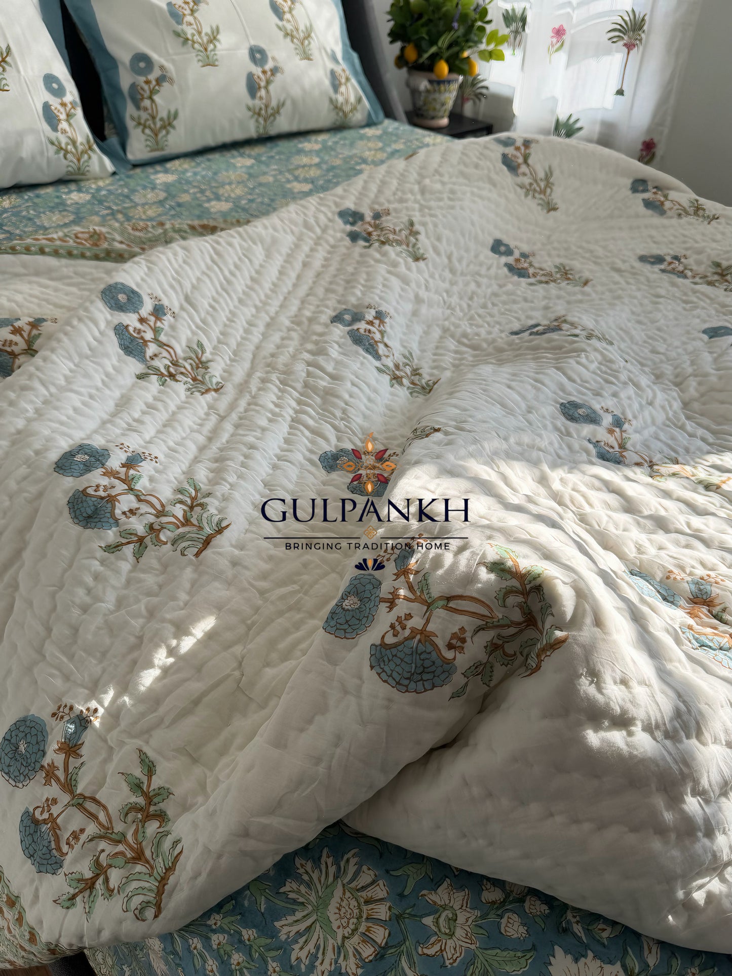 Neel Pushp Hand Block Printed Cotton Bedding Set with Quilt | Gulpankh Canada