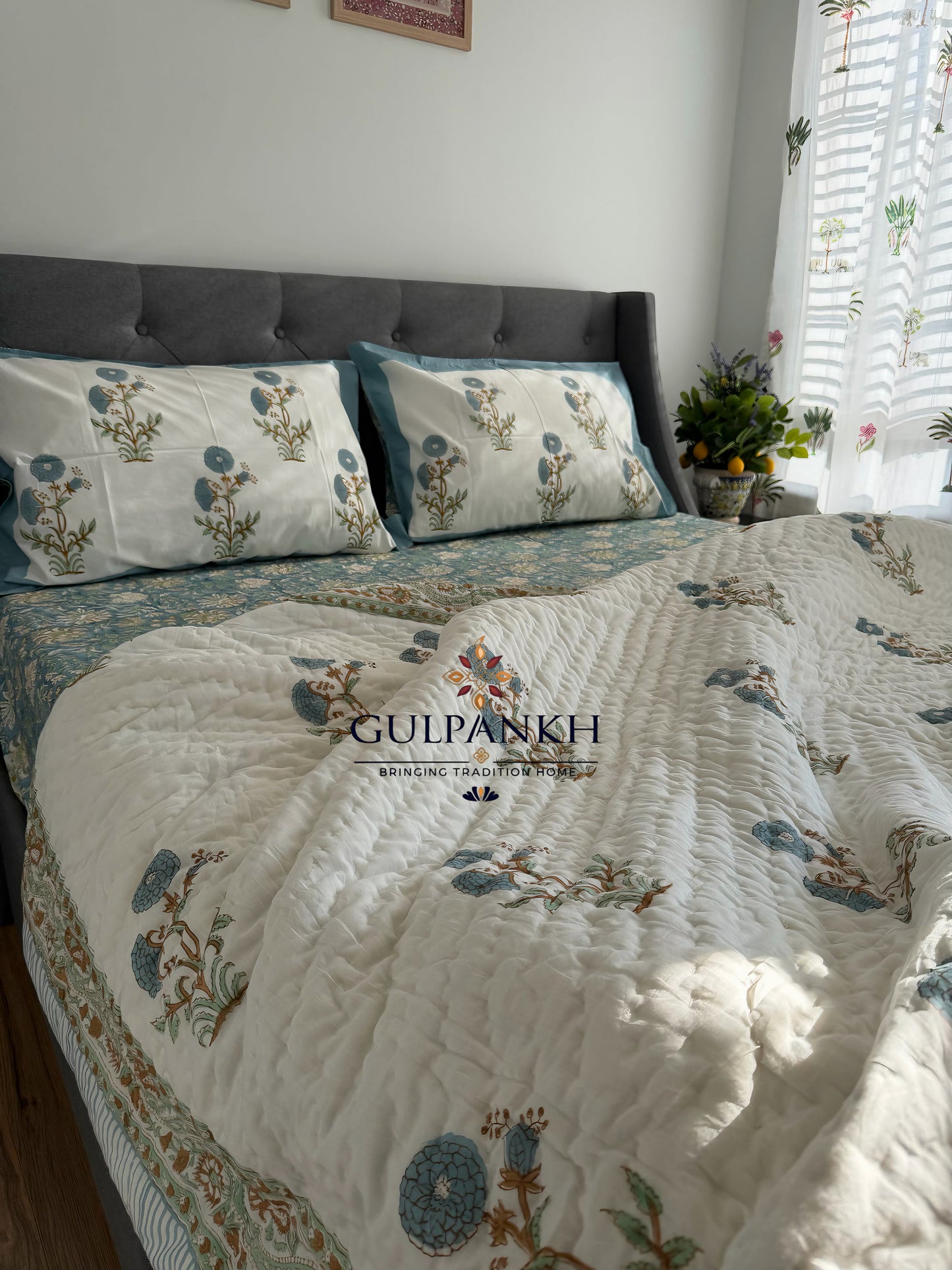 Neel Pushp Hand Block Printed Cotton Bedding Set with Quilt | Gulpankh Canada