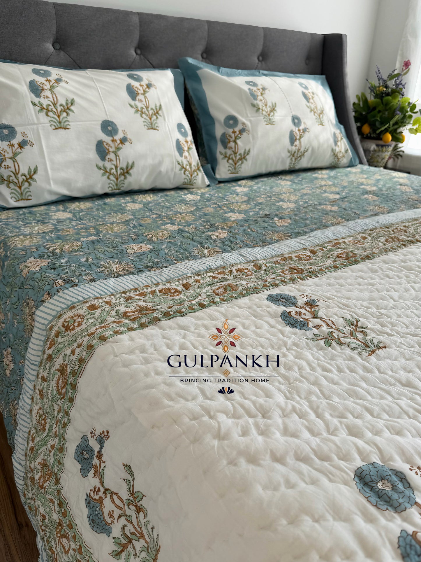 Neel Pushp Hand Block Printed Cotton Bedding Set with Quilt | Gulpankh Canada