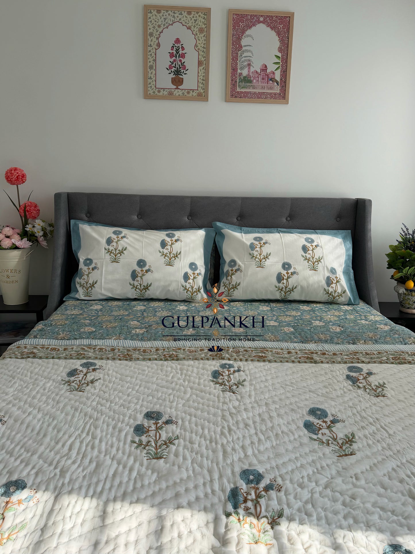 Neel Pushp Hand Block Printed Cotton Bedding Set with Quilt | Gulpankh Canada