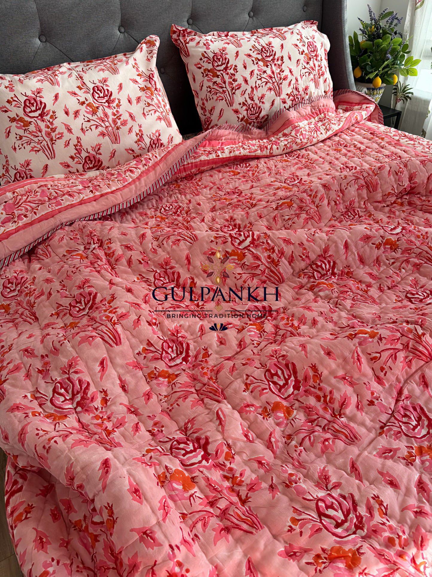 Gulnaar Blossom Hand Block Printed Cotton Quilt | Gulpankh Canada