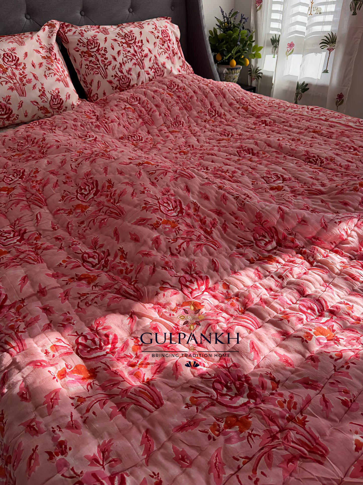 Gulnaar Blossom Hand Block Printed Cotton Quilt | Gulpankh Canada