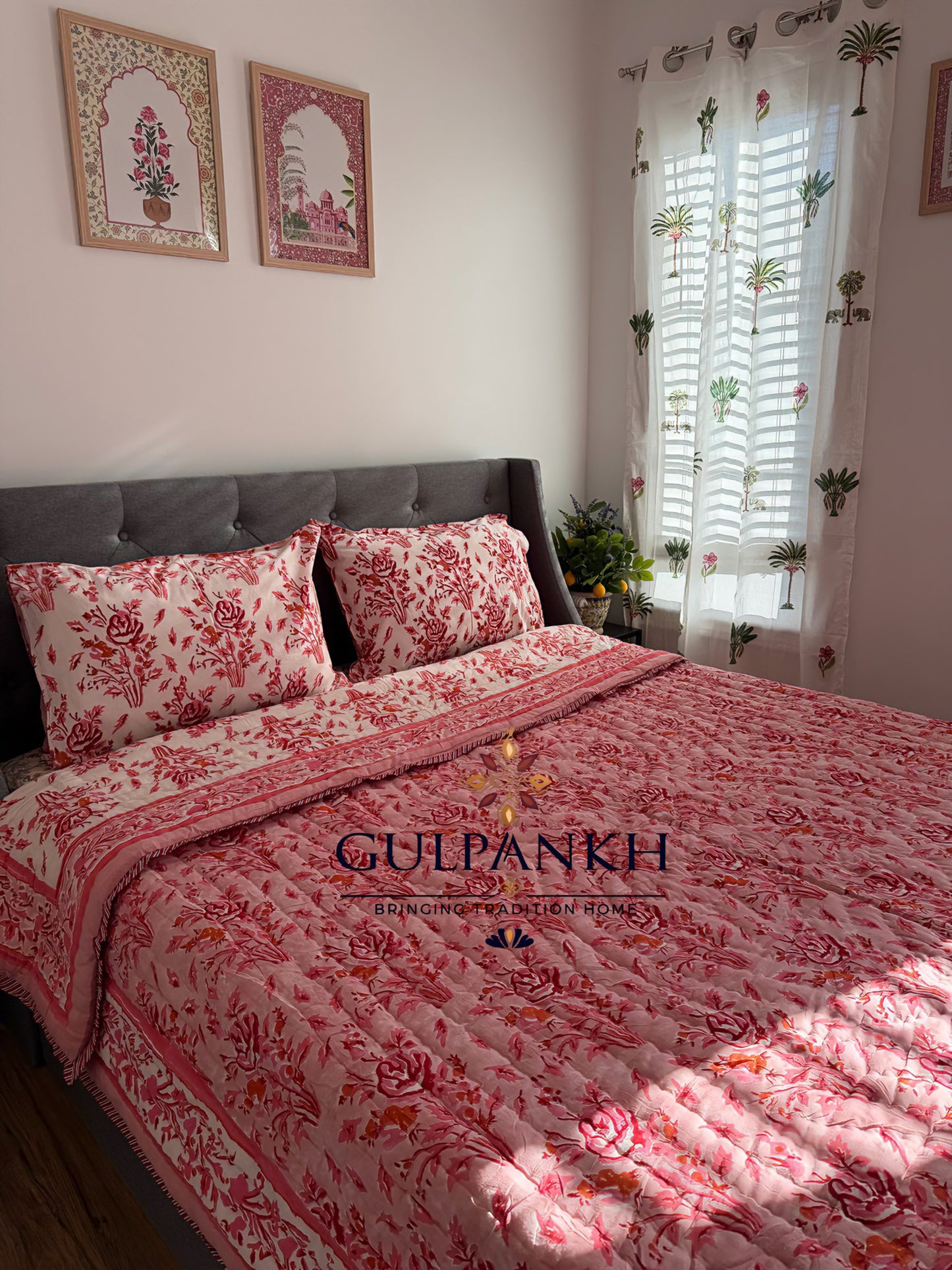 Gulnaar Blossom Hand Block Printed Cotton Quilt | Gulpankh Canada