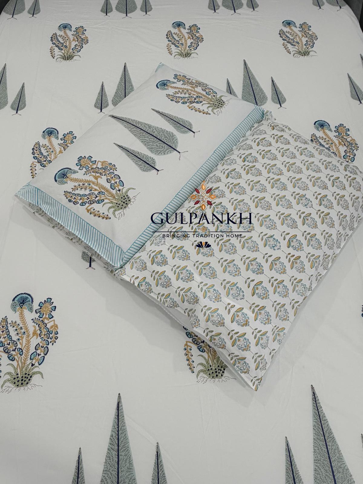Hand Block Printed Queen Fitted Bedsheet - Neel Firdaus Grove | Gulpankh Canada