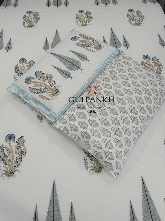 Hand Block Printed Queen Fitted Bedsheet - Neel Firdaus Grove | Gulpankh Canada