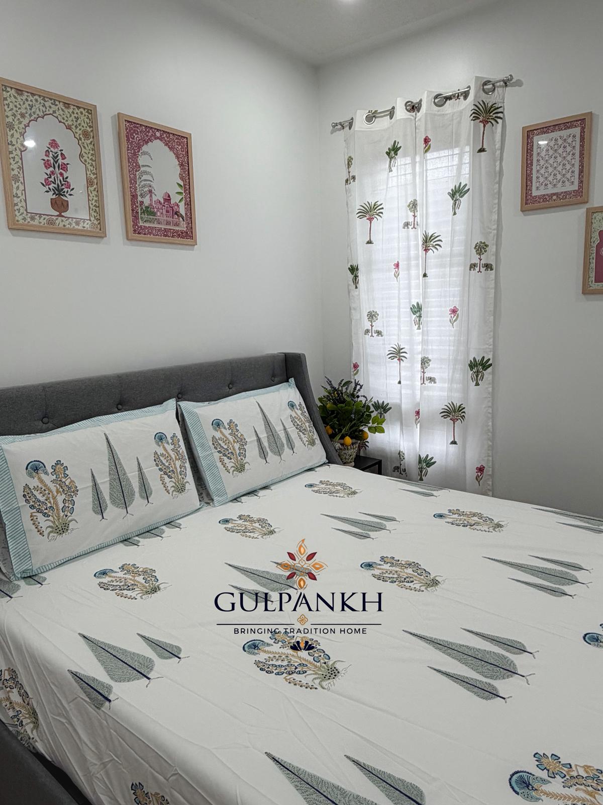 Hand Block Printed Queen Fitted Bedsheet - Neel Firdaus Grove | Gulpankh Canada