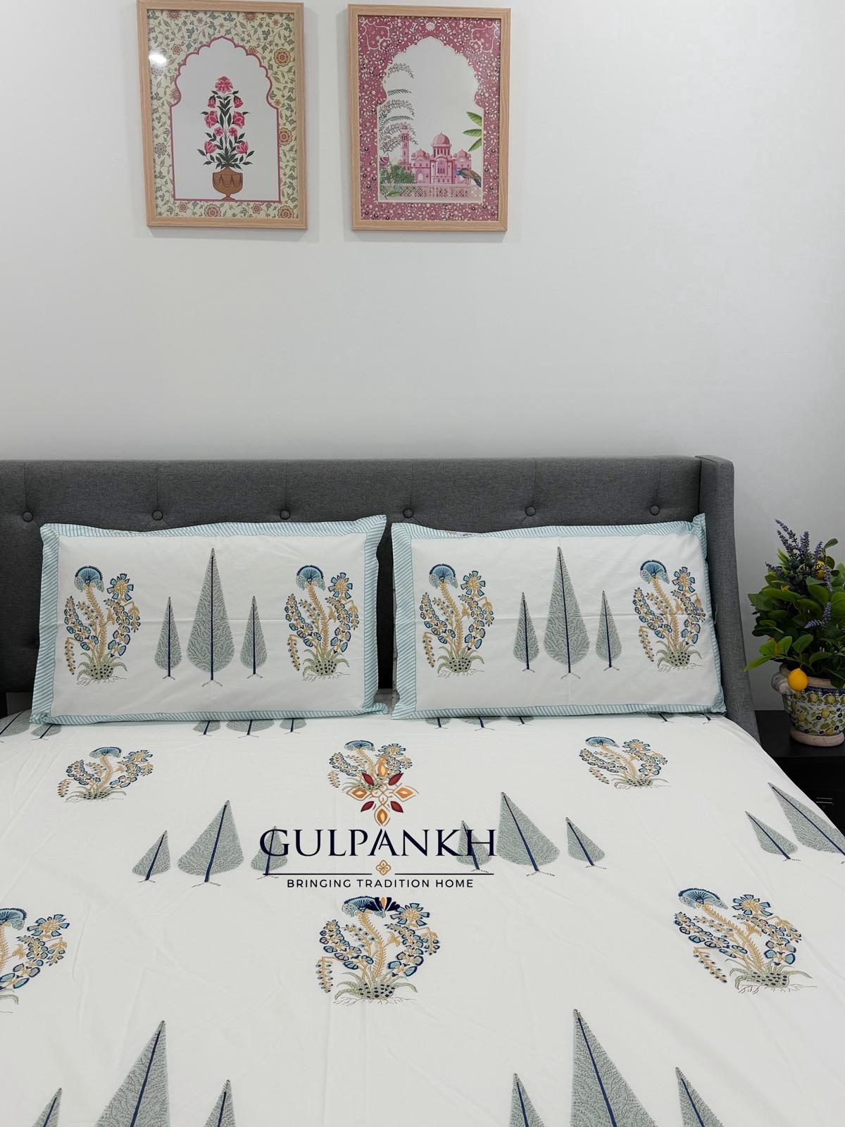 Hand Block Printed Queen Fitted Bedsheet - Neel Firdaus Grove | Gulpankh Canada