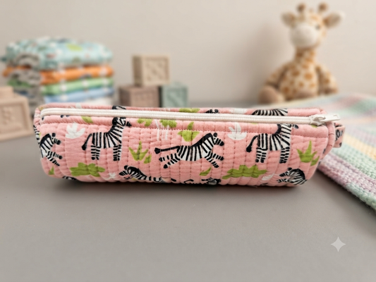 Hand Block Printed Quilted Cotton Pencil Pouch – Zebra Safari | Gulpankh Canada