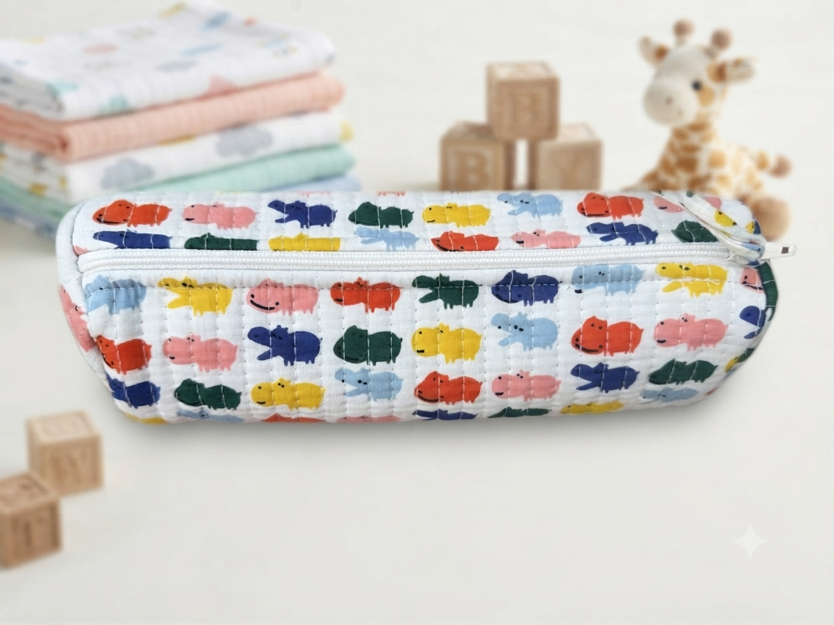 Hand Block Printed Quilted Cotton Pencil Pouch – Happy Hippo | Gulpankh Canada