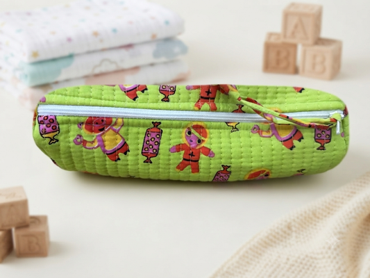 Hand Block Printed Quilted Cotton Pencil Pouch – Little Festive Friends | Gulpankh Canada