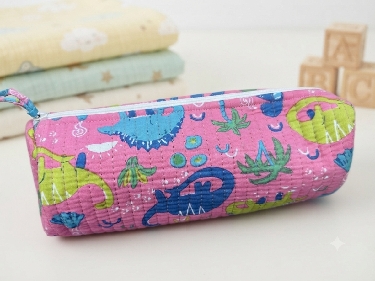 Hand Block Printed Quilted Cotton Pencil Pouch – Dino World | Gulpankh Canada