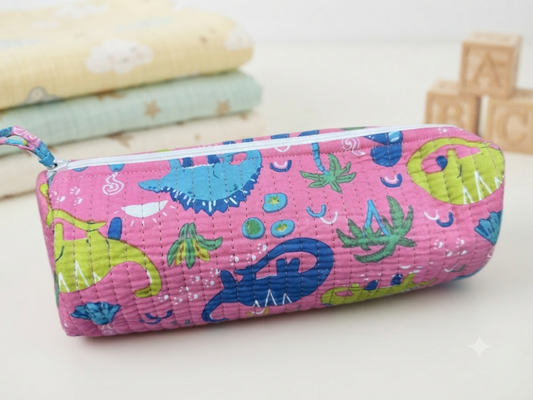 Hand Block Printed Quilted Cotton Pencil Pouch – Dino World | Gulpankh Canada