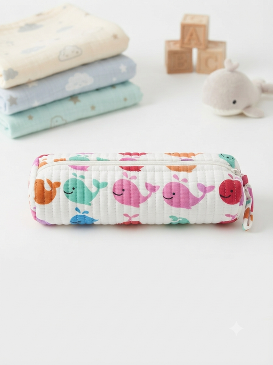 Hand Block Printed Quilted Cotton Pencil Pouch – Happy Whales | Gulpankh Canada