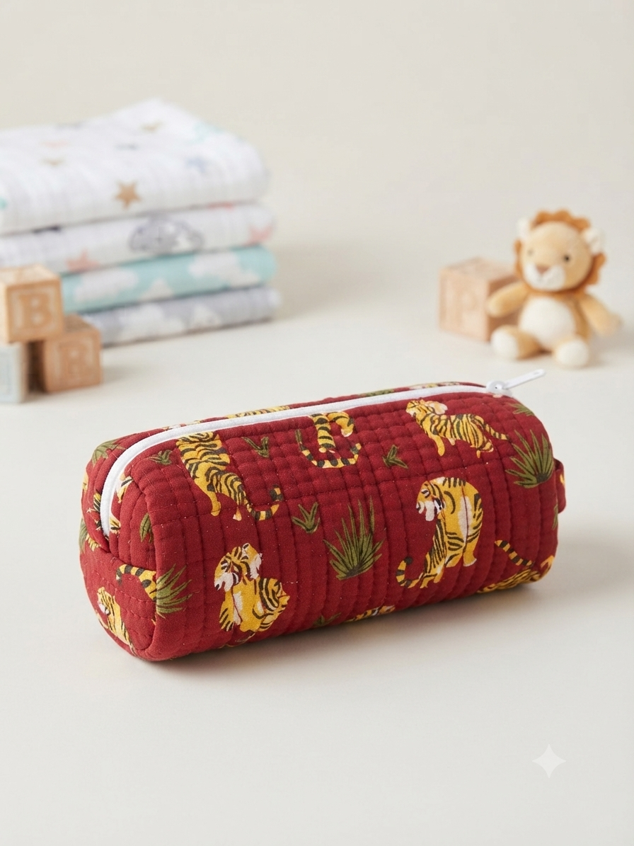 Hand Block Printed Quilted Cotton Pencil Pouch – Royal Tiger Trail | Gulpankh Canada