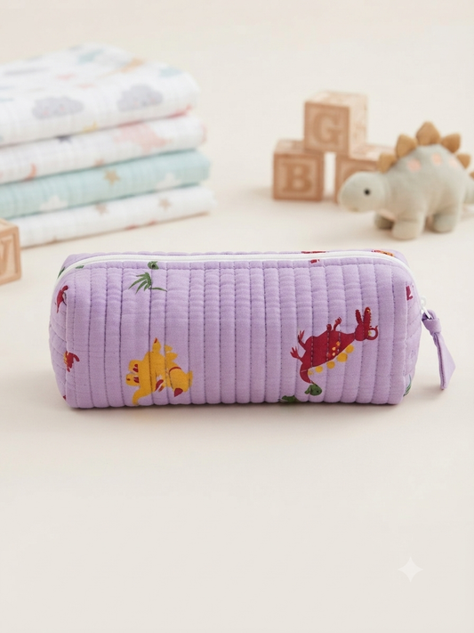 Hand Block Printed Quilted Cotton Pencil Pouch – Dino Adventure | Gulpankh Canada