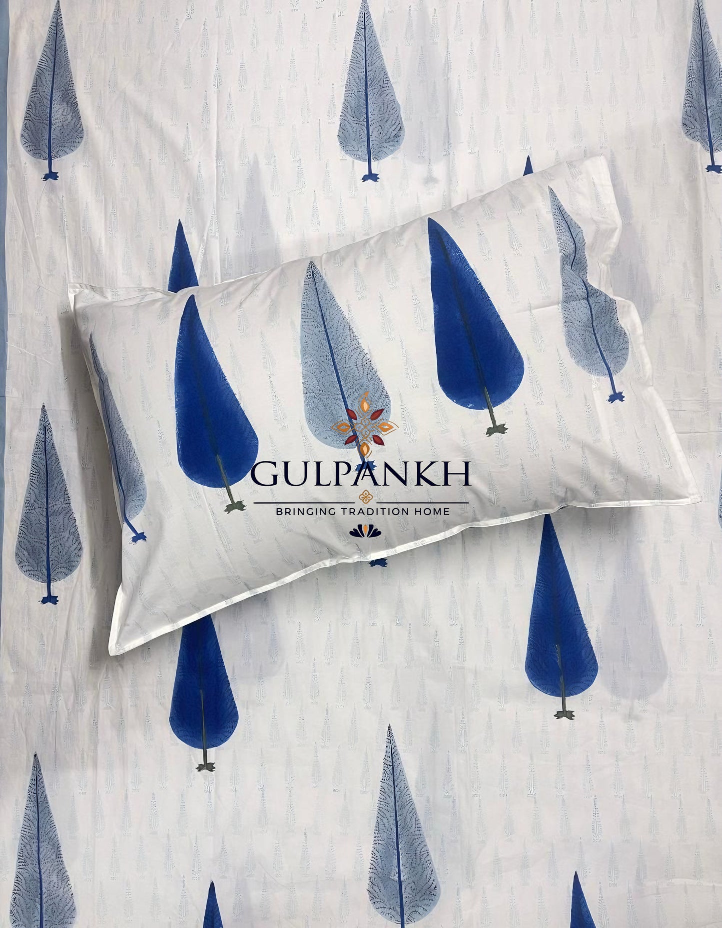 Hand Block Printed Double Fitted Bedsheet - Indigo Leaf Whisper| Gulpankh Canada