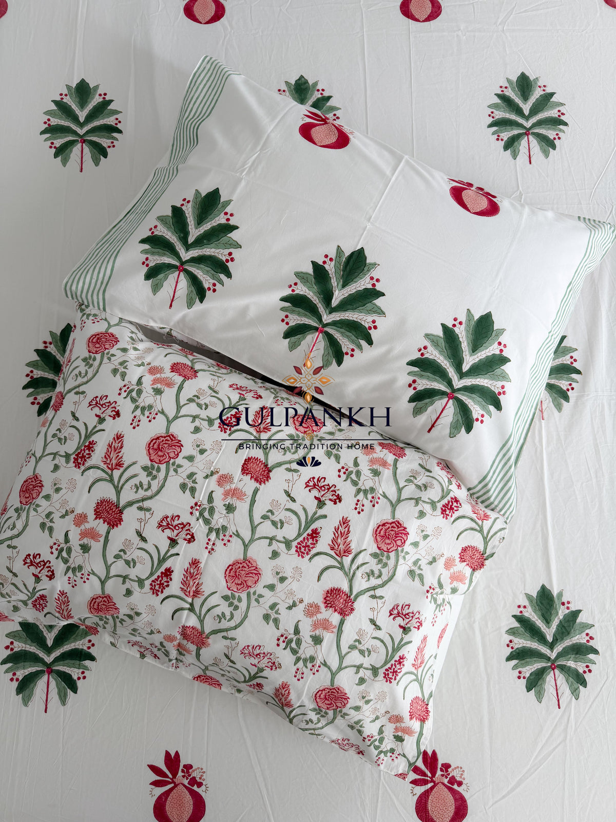 Hand Block Printed 100% Cotton Queen Fitted Bedsheet - Pomegranate Grove | Gulpankh Canada
