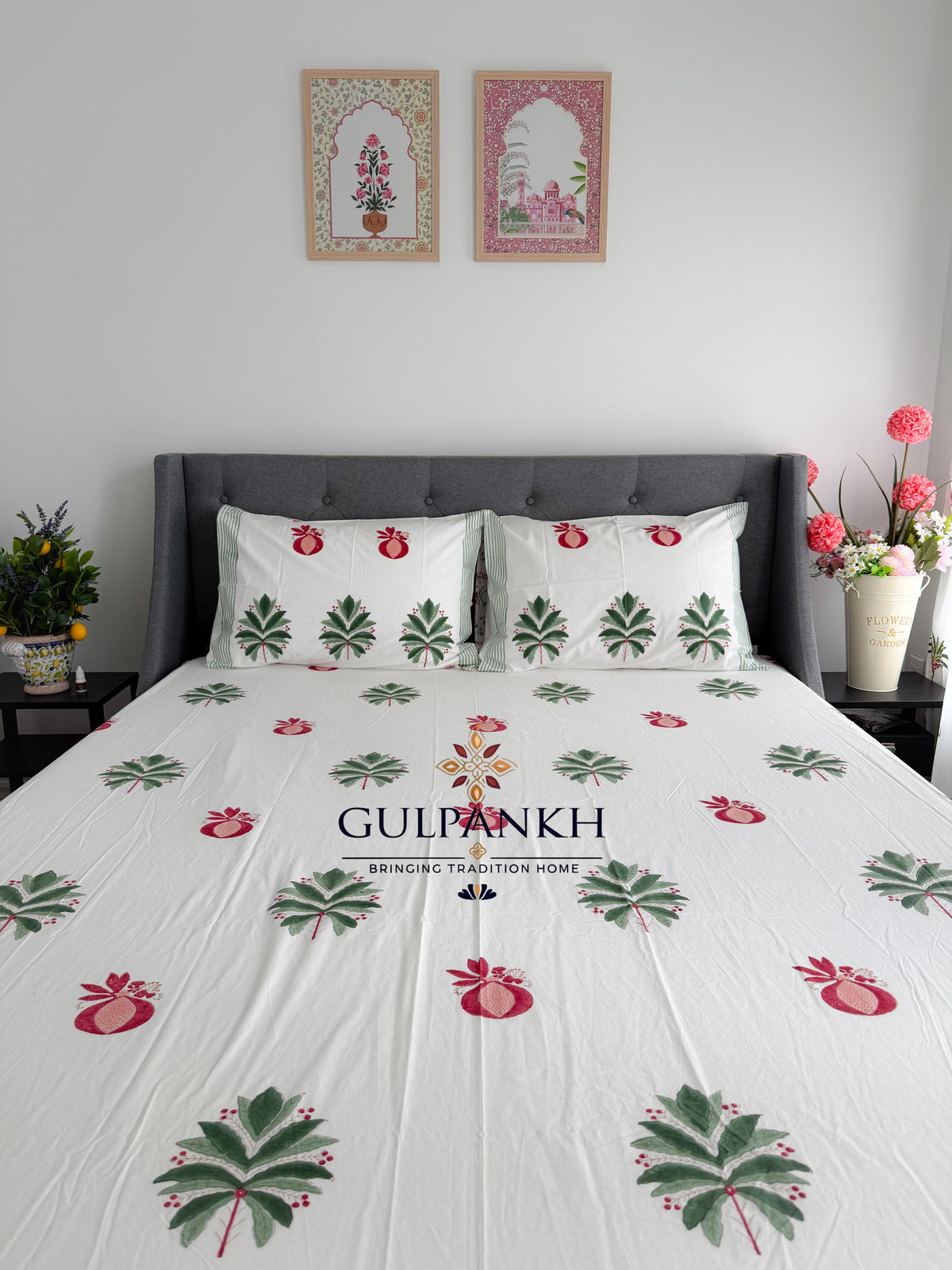 Hand Block Printed 100% Cotton Queen Fitted Bedsheet - Pomegranate Grove | Gulpankh Canada