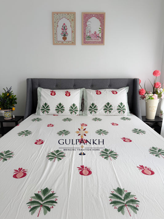 Hand Block Printed 100% Cotton Queen Fitted Bedsheet - Pomegranate Grove | Gulpankh Canada