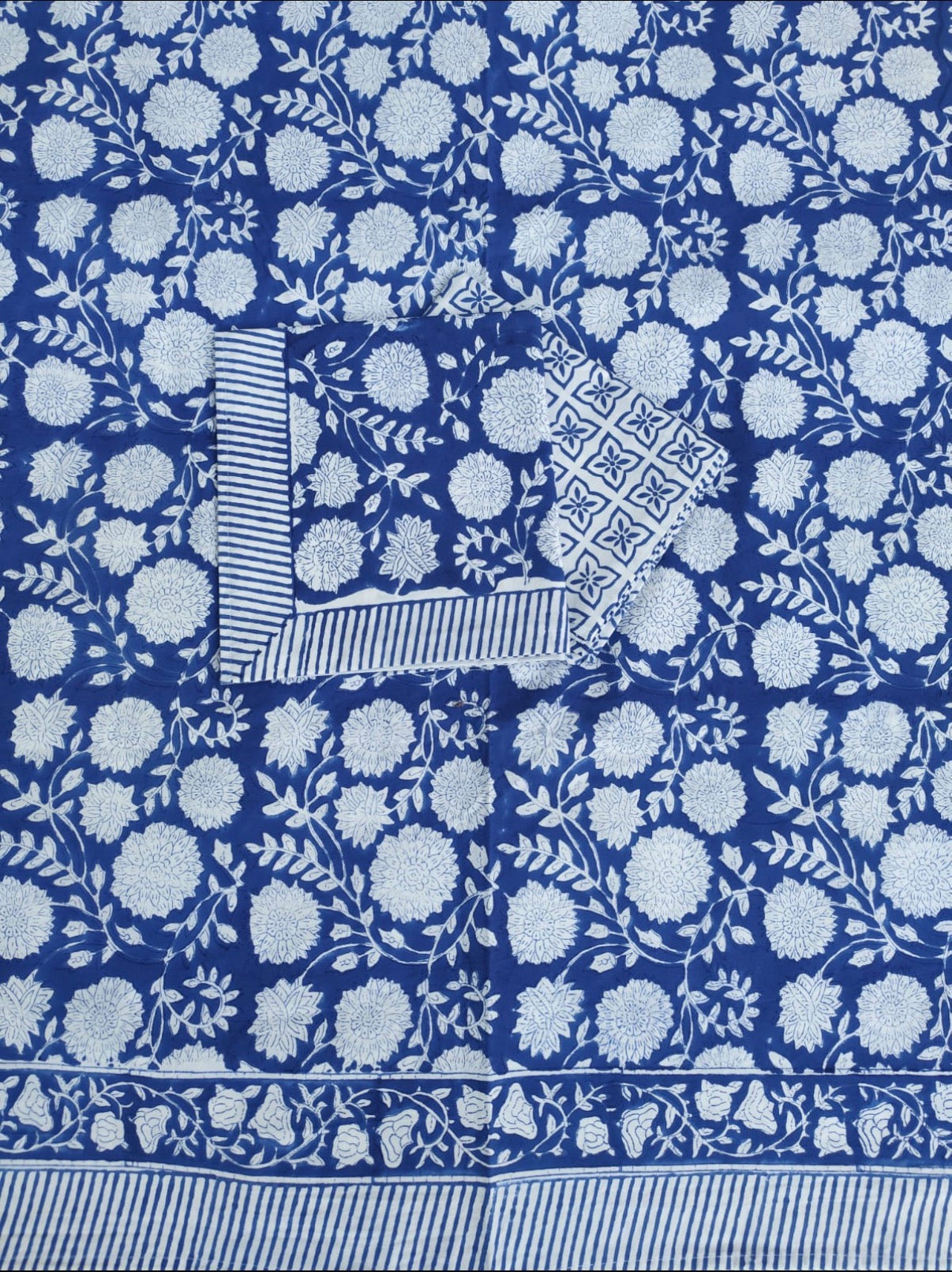 Hand Block Printed Double Fitted Bedsheet - Indigo Bloom Royale | Gulpankh Canada