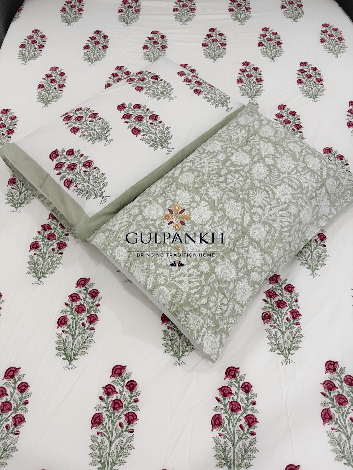 Hand Block Printed King Fitted Bedsheet - Gul Mint Aangan | Gulpankh Canada