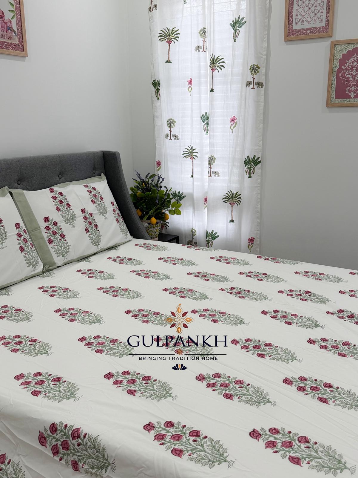 Hand Block Printed King Fitted Bedsheet - Gul Mint Aangan | Gulpankh Canada