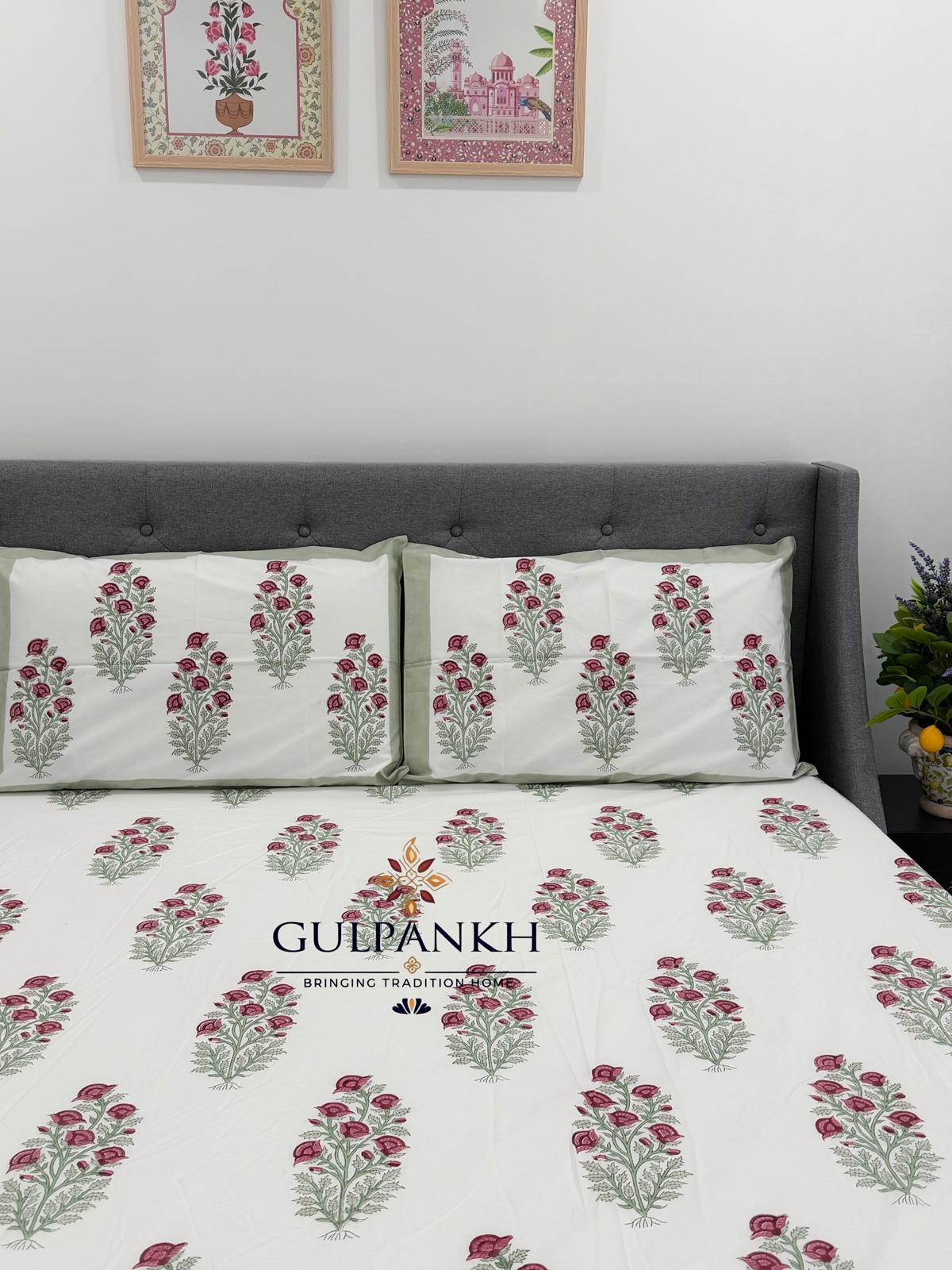 Hand Block Printed King Fitted Bedsheet - Gul Mint Aangan | Gulpankh Canada