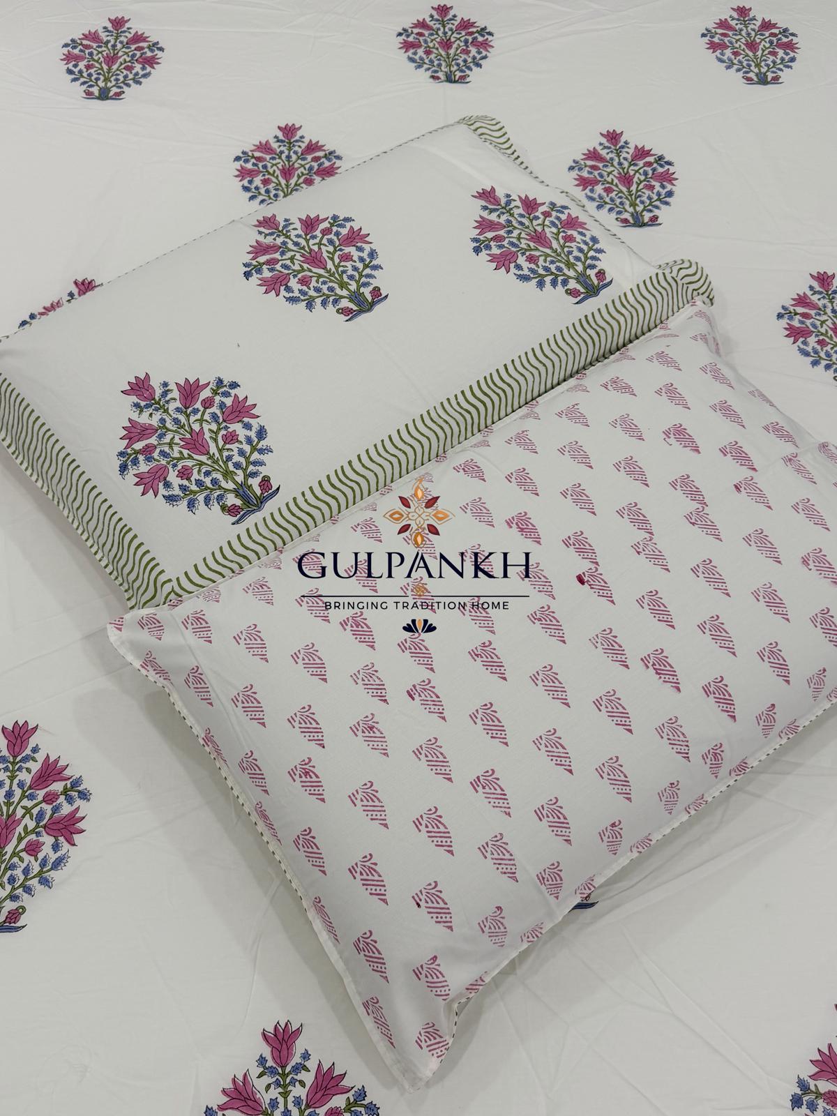 Hand Block Printed Queen Fitted Bedsheet - Pink Meadow Buta | Gulpankh Canada
